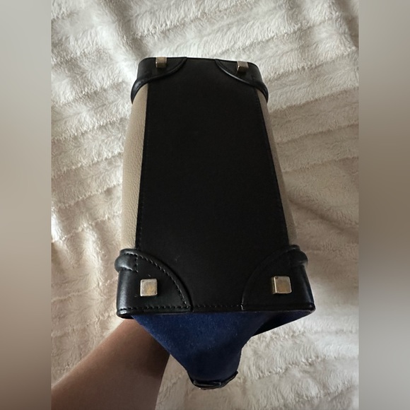 CELINE Tri-Color, Tan Calfskin Leather, Blue Suede, Black Trim, Luggage Tote Bag - Picture 7 of 11